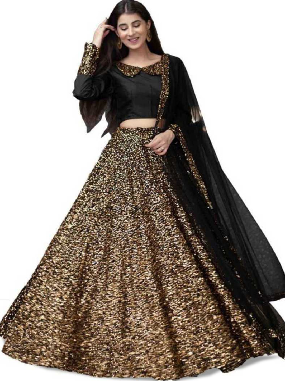 

Maroosh Women Embroidered Thread Work Unstitched Lehenga & Blouse With Dupatta, Black