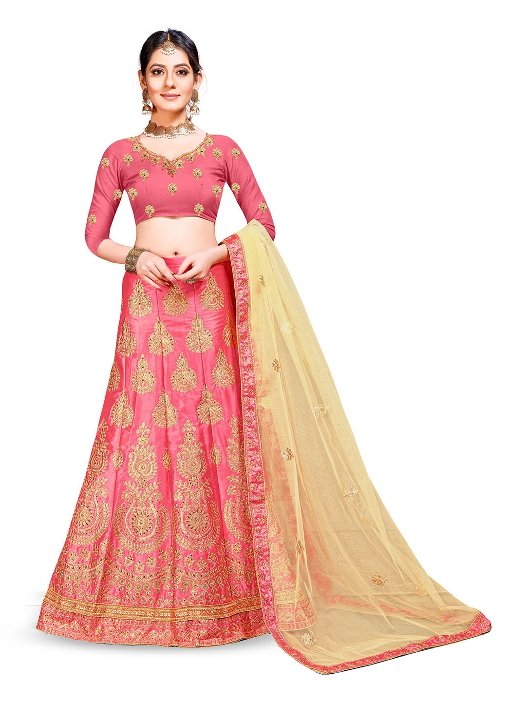 

Maroosh Women Embroidered Thread Work Unstitched Lehenga & Blouse With Dupatta, Pink