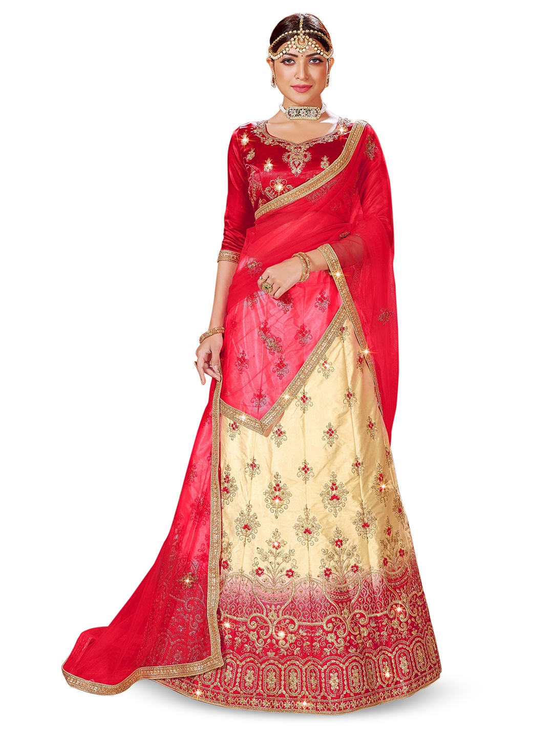 

Maroosh Women Embroidered Thread Work Unstitched Lehenga & Blouse With Dupatta, Beige