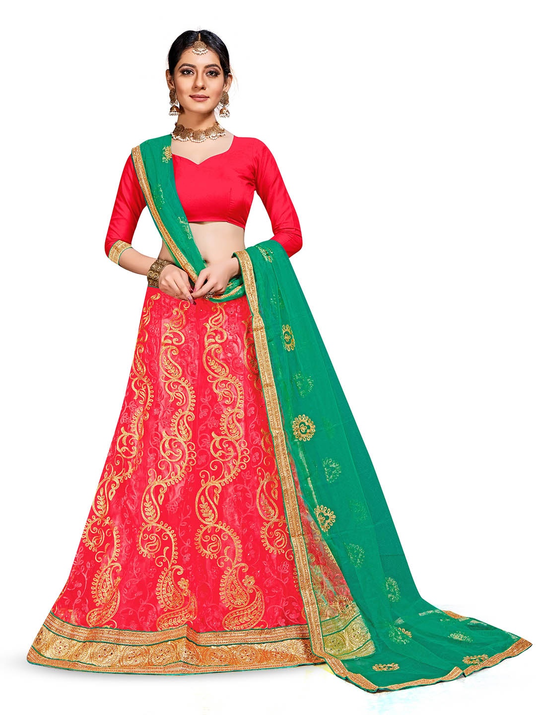 

Maroosh Women Embroidered Thread Work Unstitched Lehenga & Blouse With Dupatta, Pink