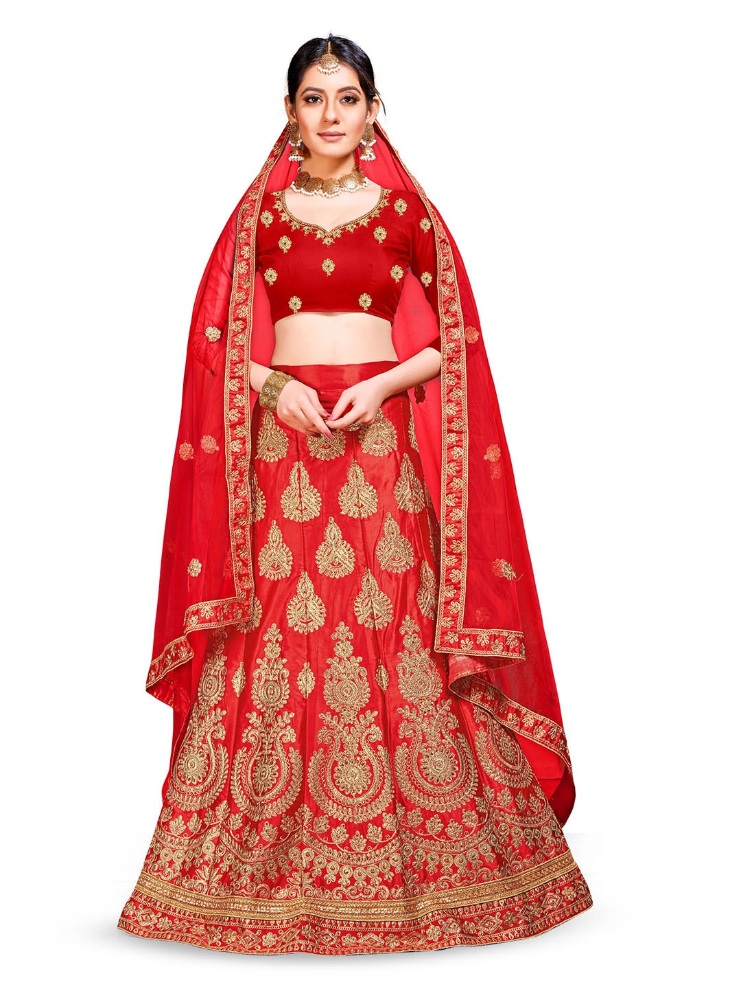 

Maroosh Embroidered Thread Work Unstitched Lehenga & Blouse With Dupatta, Red