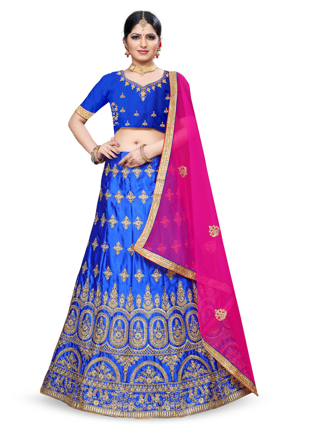 

Maroosh Embellished Thread Work Unstitched Lehenga & Blouse With Dupatta, Blue