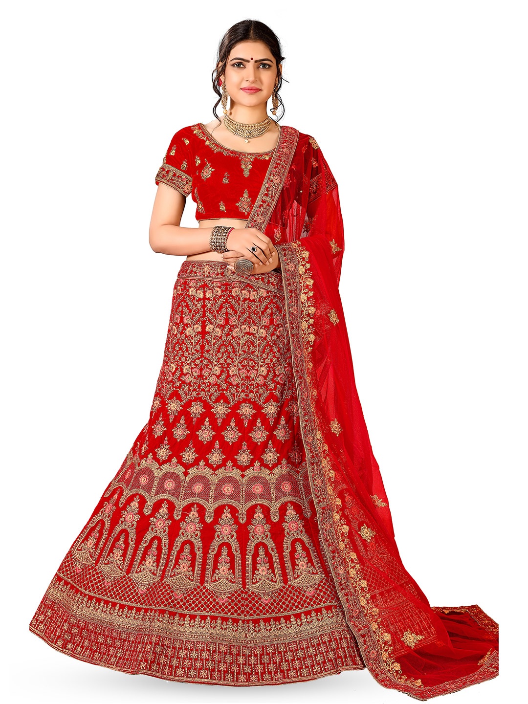 

Maroosh Embroidered Thread Work Unstitched Lehenga & Blouse With Dupatta, Red
