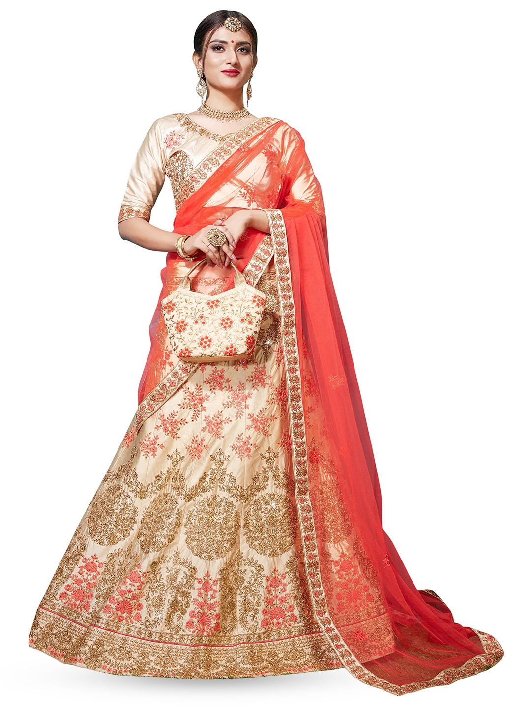 

Maroosh Embroidered Thread Work Unstitched Lehenga & Blouse With Dupatta, Beige