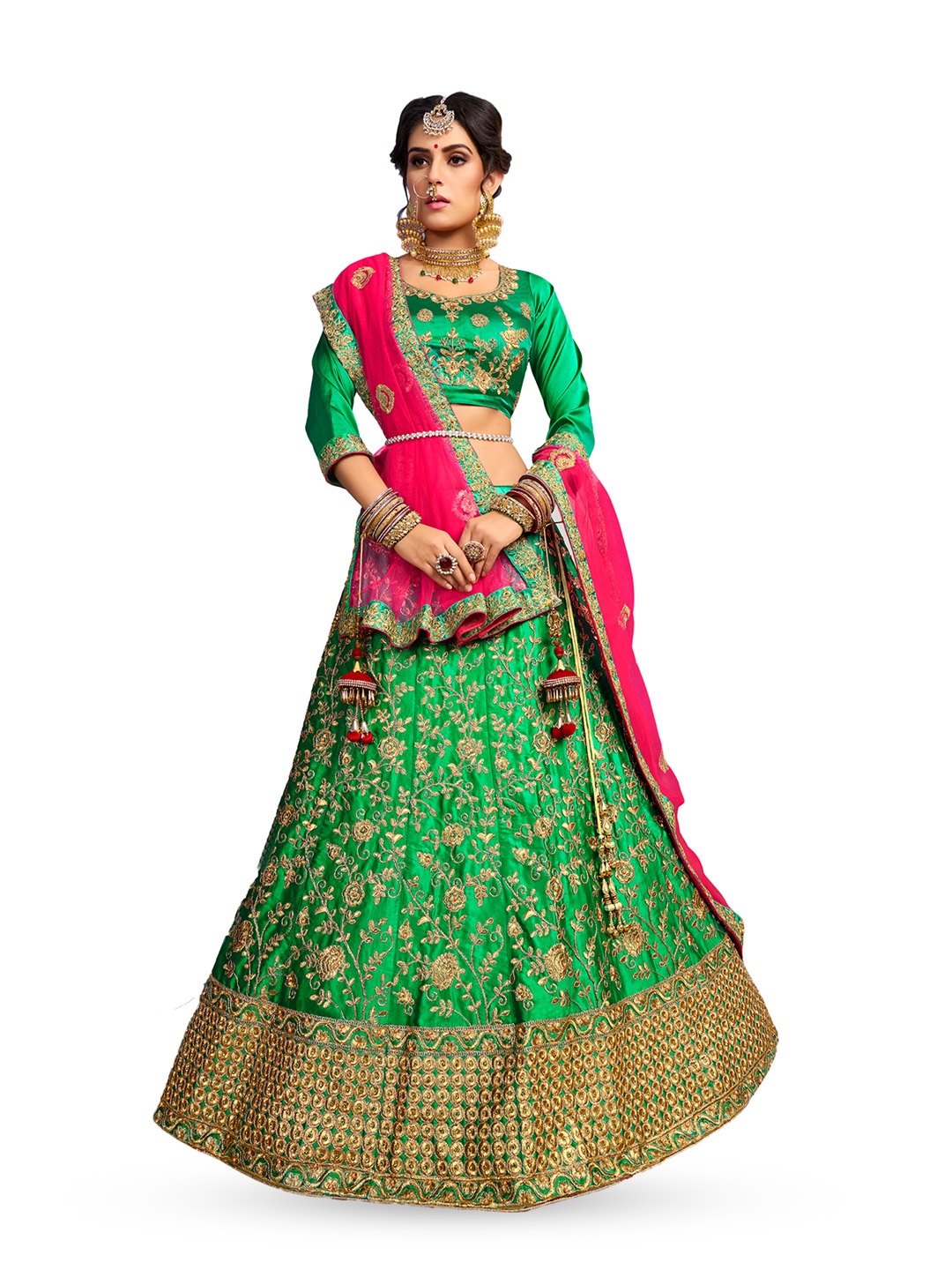 

Maroosh Embroidered Thread Work Unstitched Lehenga & Blouse With Dupatta, Green