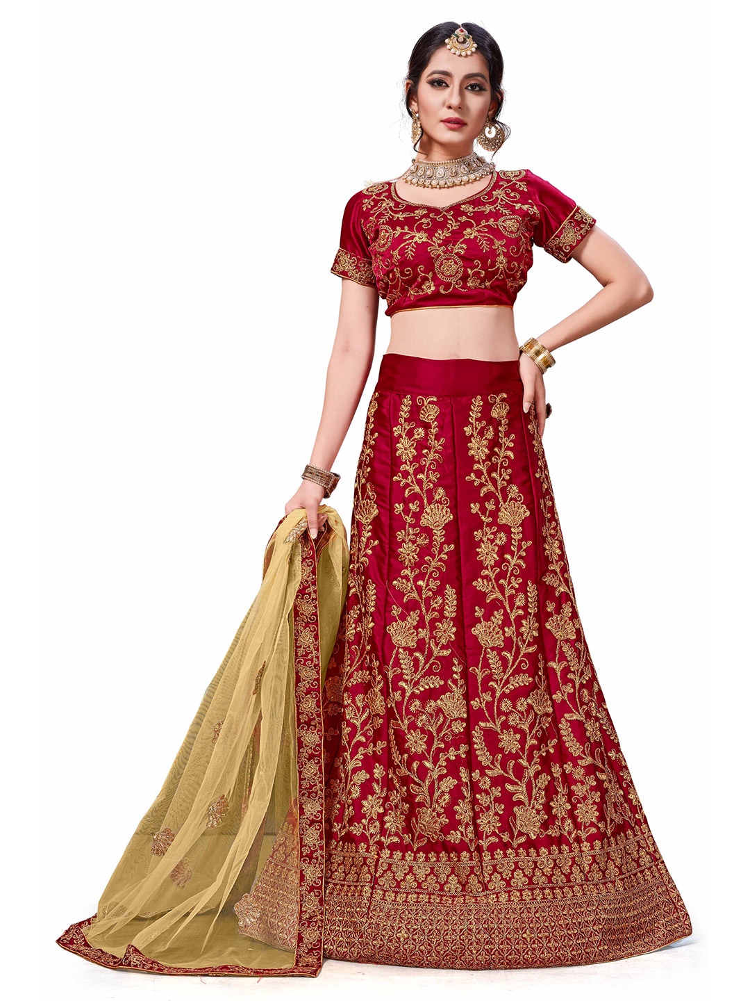 

Maroosh Embroidered Thread Work Unstitched Lehenga & Blouse With Dupatta, Maroon