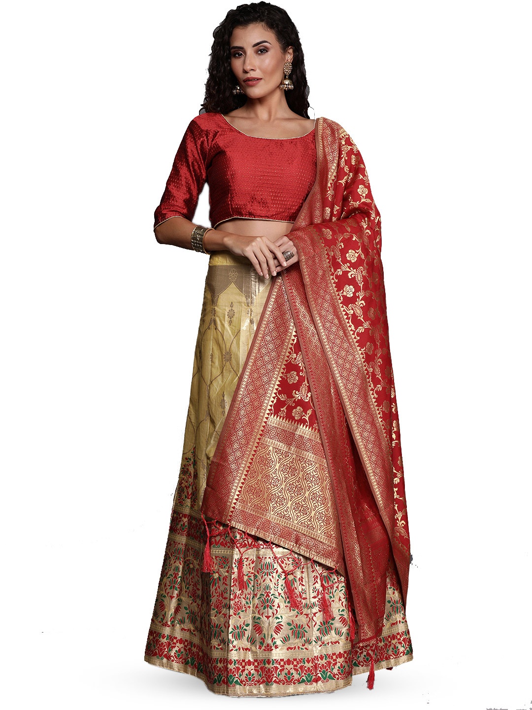 

Maroosh Embroidered Thread Work Unstitched Lehenga & Blouse With Dupatta, Beige