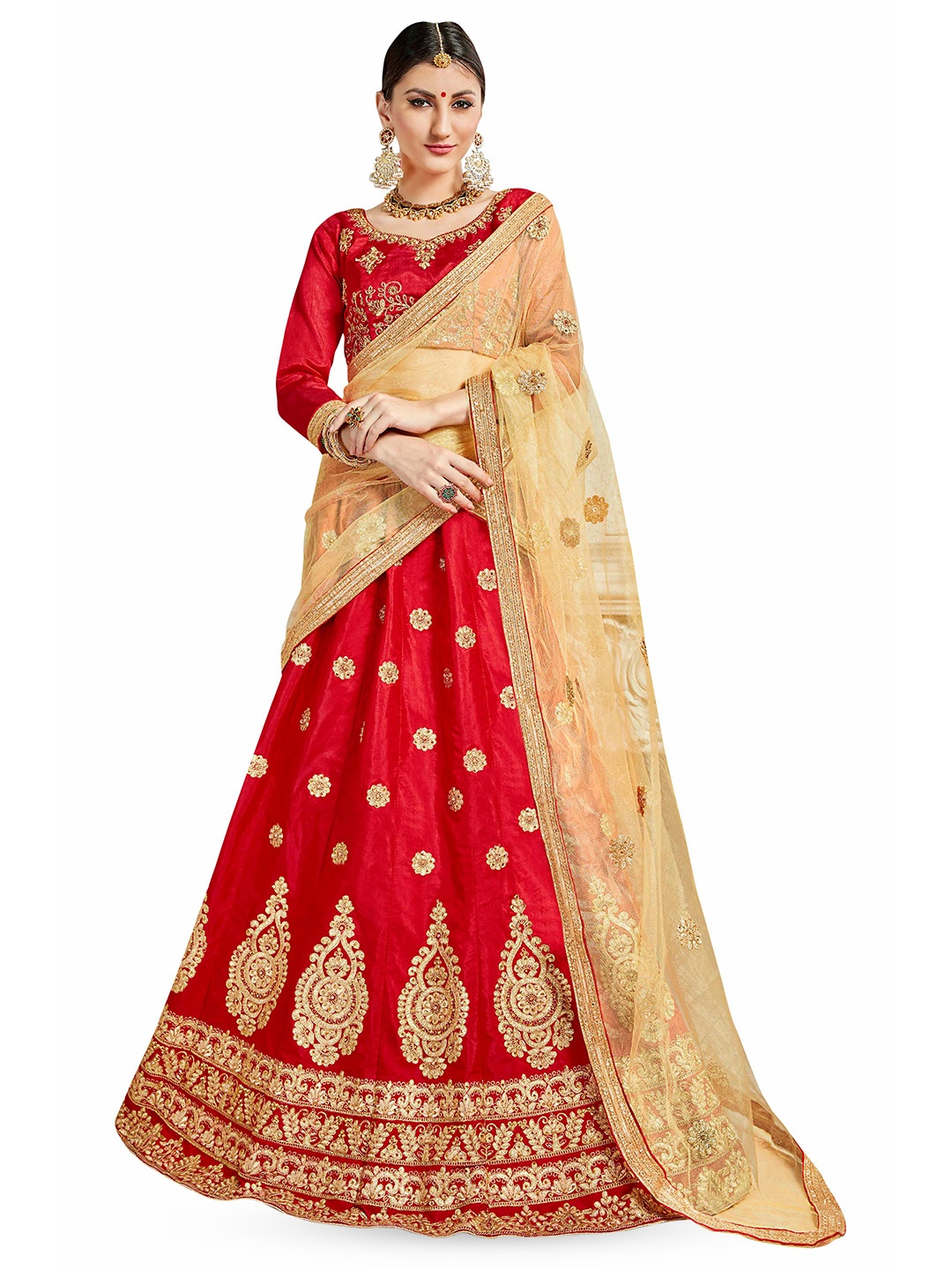 

Maroosh Embroidered Thread Work Unstitched Lehenga & Blouse With Dupatta, Red