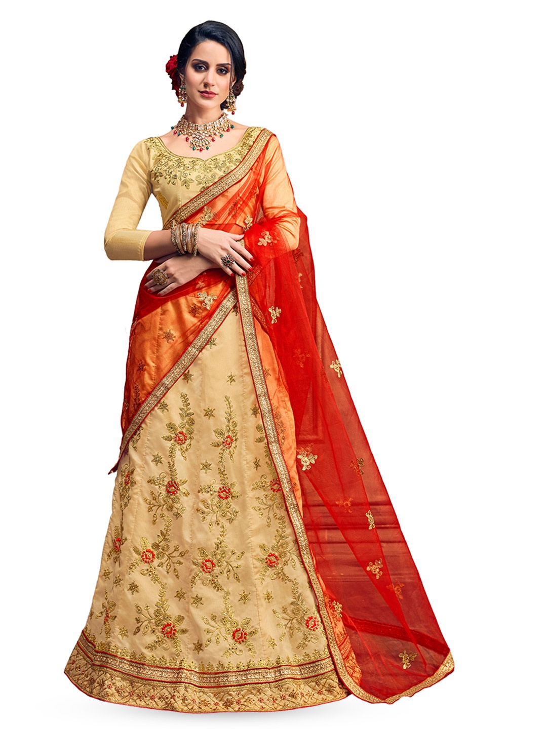 

Maroosh Embroidered Thread Work Unstitched Lehenga & Blouse With Dupatta, Beige