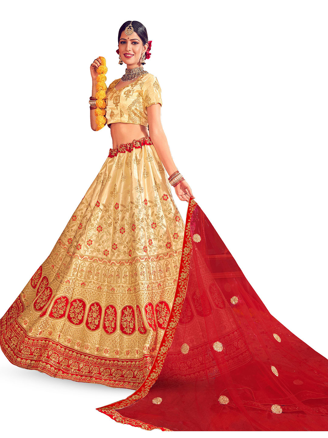 

Maroosh Women Embroidered Thread Work Unstitched Lehenga & Blouse With Dupatta, Beige
