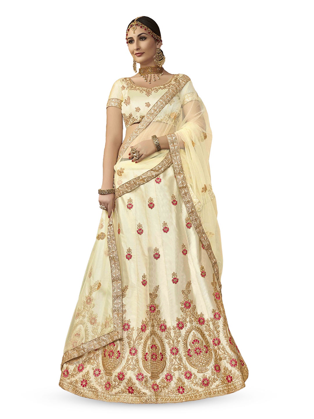 

Maroosh Women Embroidered Thread Work Unstitched Lehenga & Blouse With Dupatta, Beige