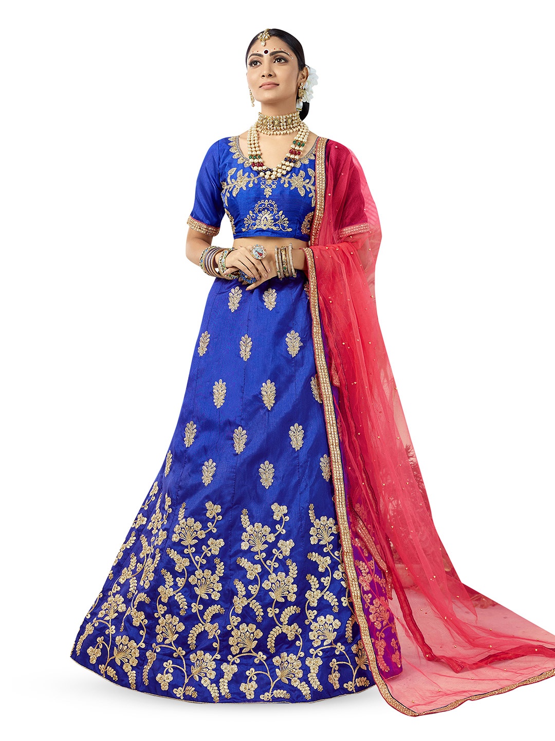 

Maroosh Embroidered Thread Work Unstitched Lehenga & Blouse With Dupatta, Blue
