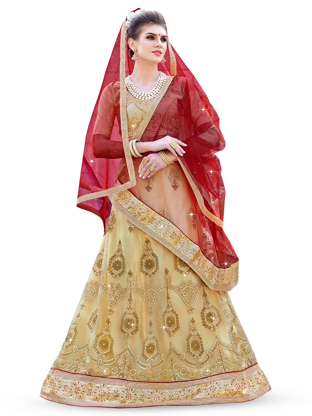 

Maroosh Embroidered Thread Work Unstitched Lehenga & Blouse With Dupatta, Beige