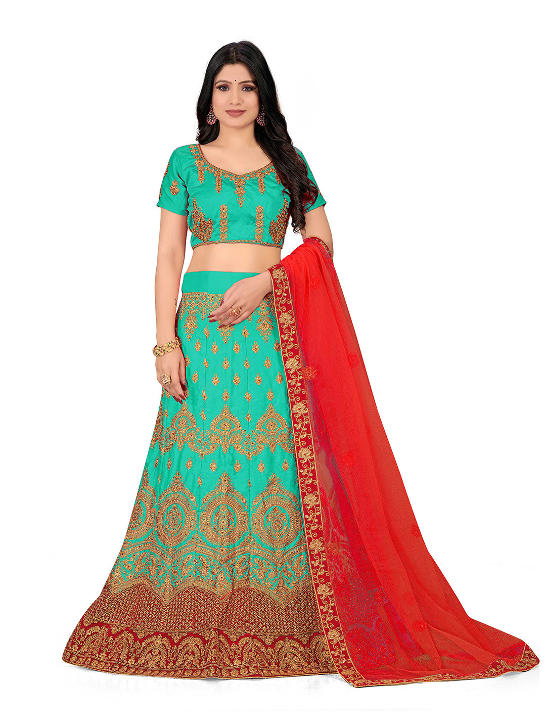 

Maroosh Women Embellished Thread Work Unstitched Lehenga & Blouse With Dupatta, Sea green
