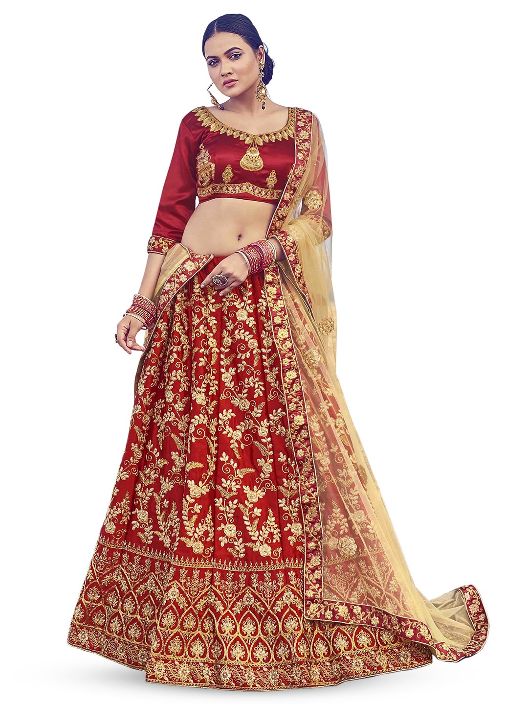 

Maroosh Embroidered Thread Work Unstitched Lehenga & Blouse With Dupatta, Maroon