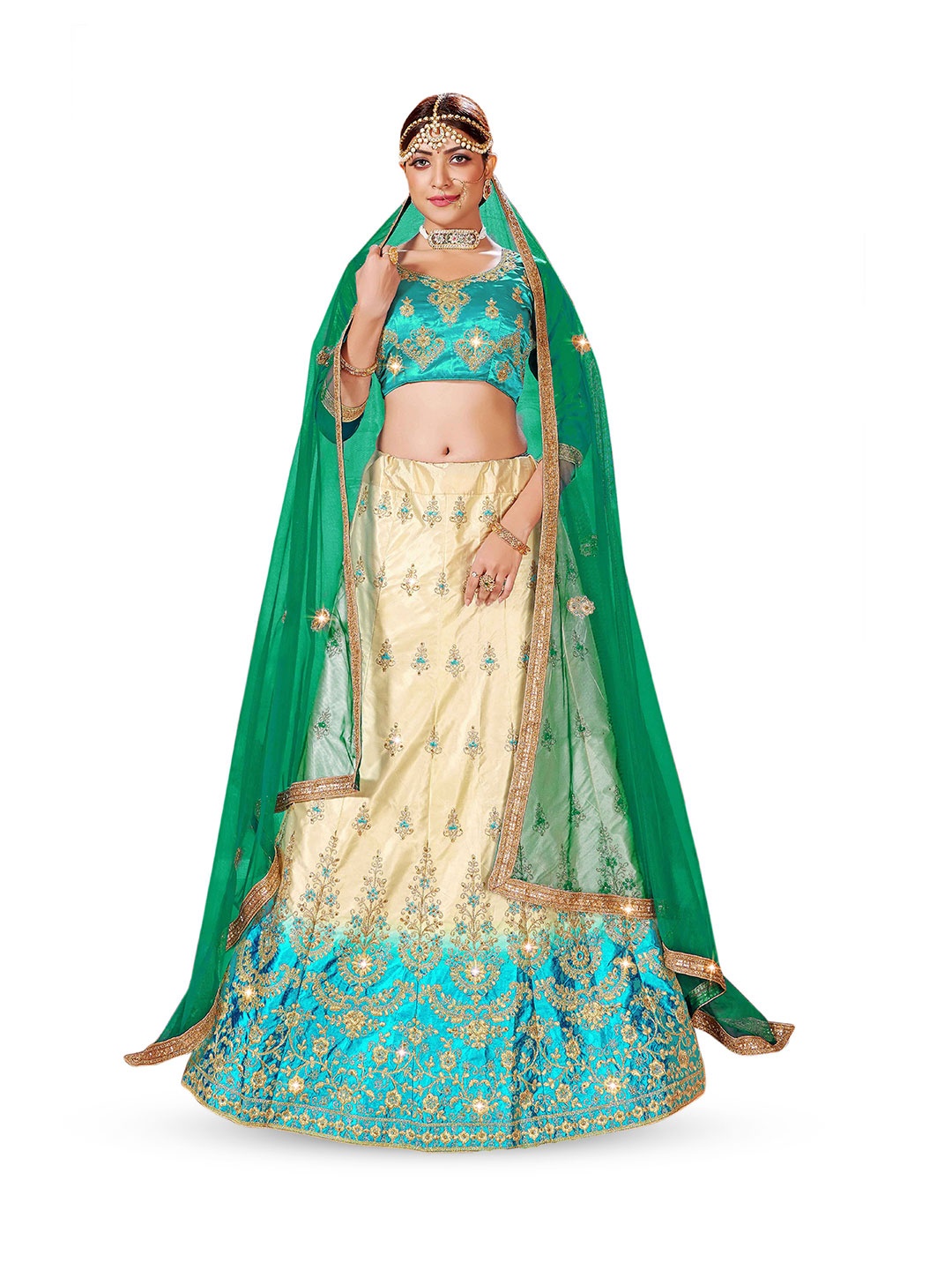 

Maroosh Women Embroidered Thread Work Unstitched Lehenga & Blouse With Dupatta, Beige