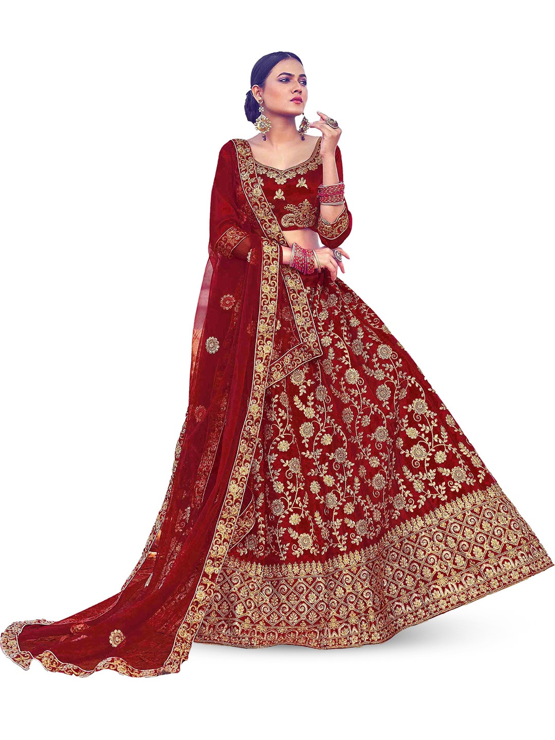 

Maroosh Embroidered Thread Work Unstitched Lehenga & Blouse With Dupatta, Maroon