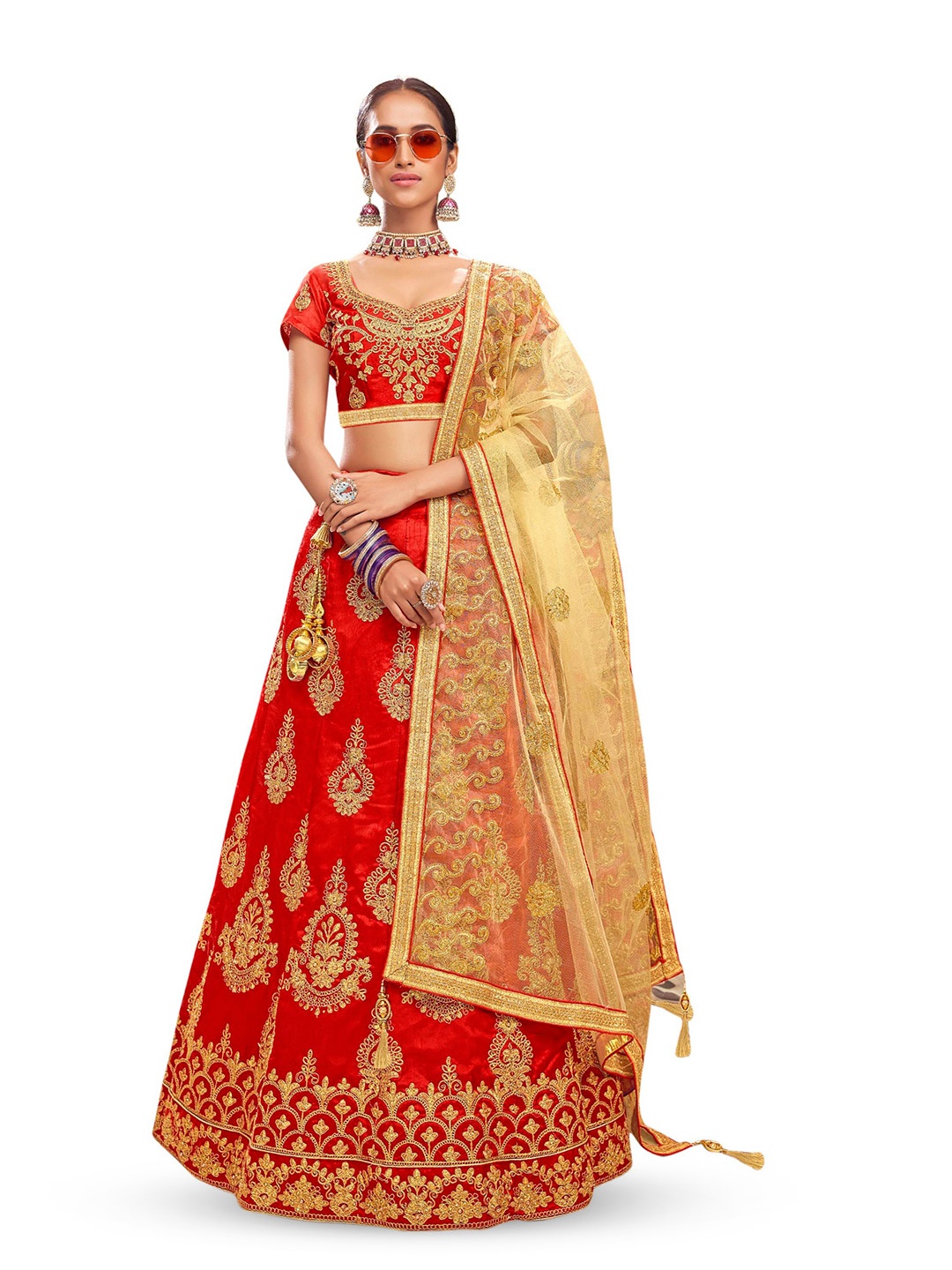 

Maroosh Embroidered Thread Work Unstitched Lehenga & Blouse With Dupatta, Red