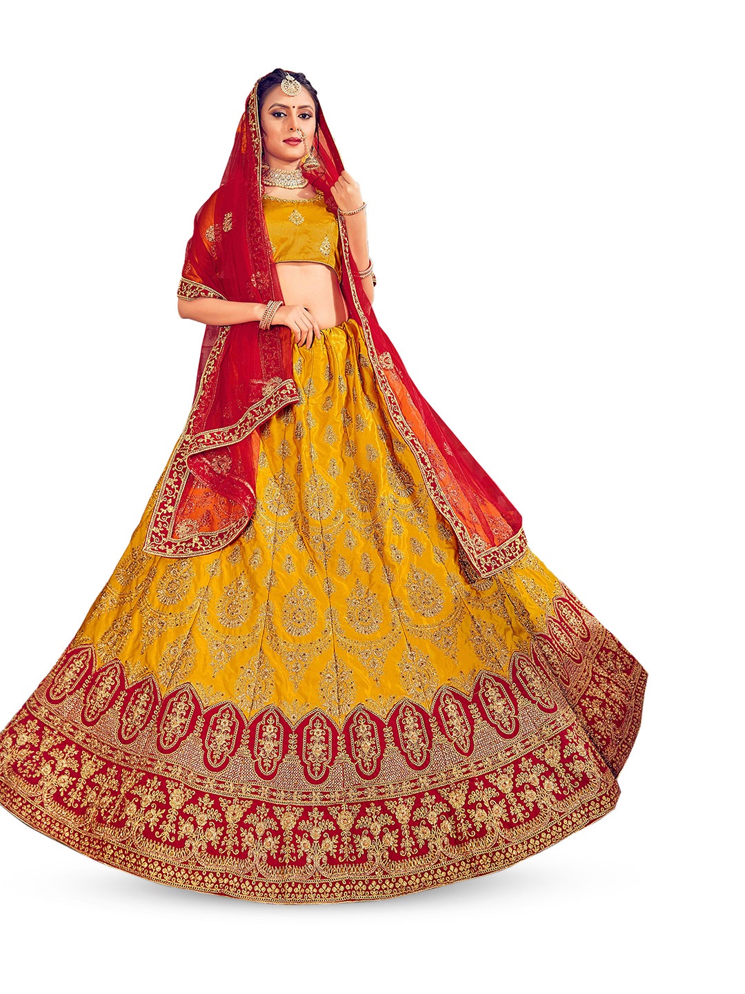 

Maroosh Women Embroidered Thread Work Unstitched Lehenga & Blouse With Dupatta, Yellow