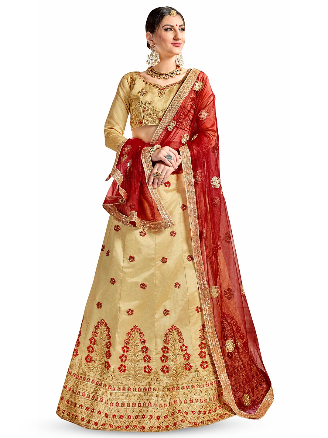 

Maroosh Embroidered Thread Work Unstitched Lehenga & Blouse With Dupatta, Beige