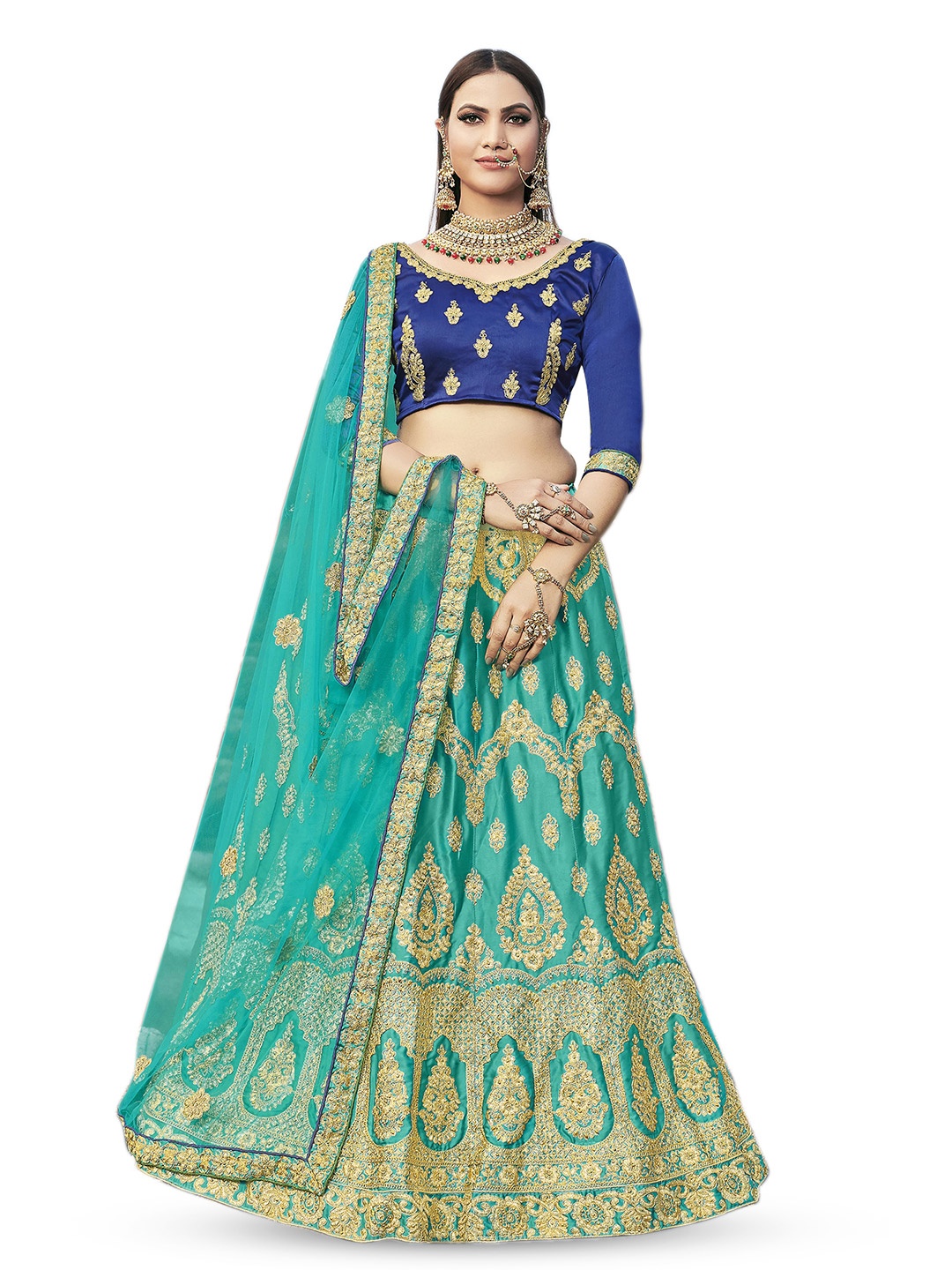 

Maroosh Women Embroidered Thread Work Unstitched Lehenga & Blouse With Dupatta, Sea green