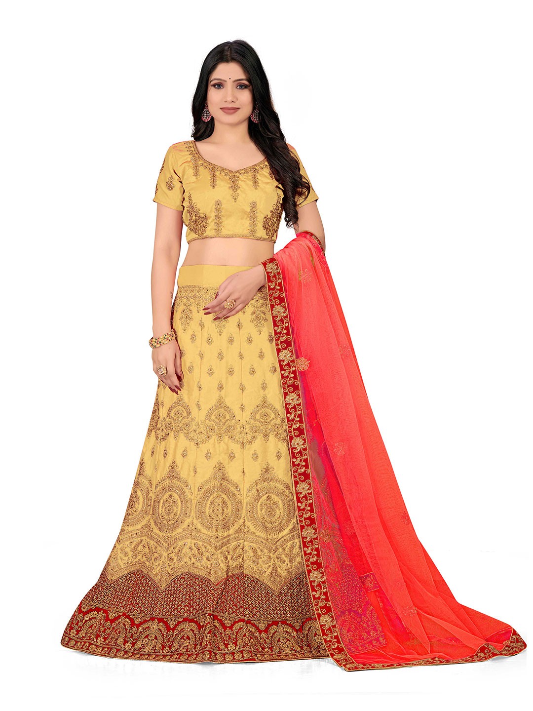 

Maroosh Embellished Thread Work Unstitched Lehenga & Blouse With Dupatta, Beige