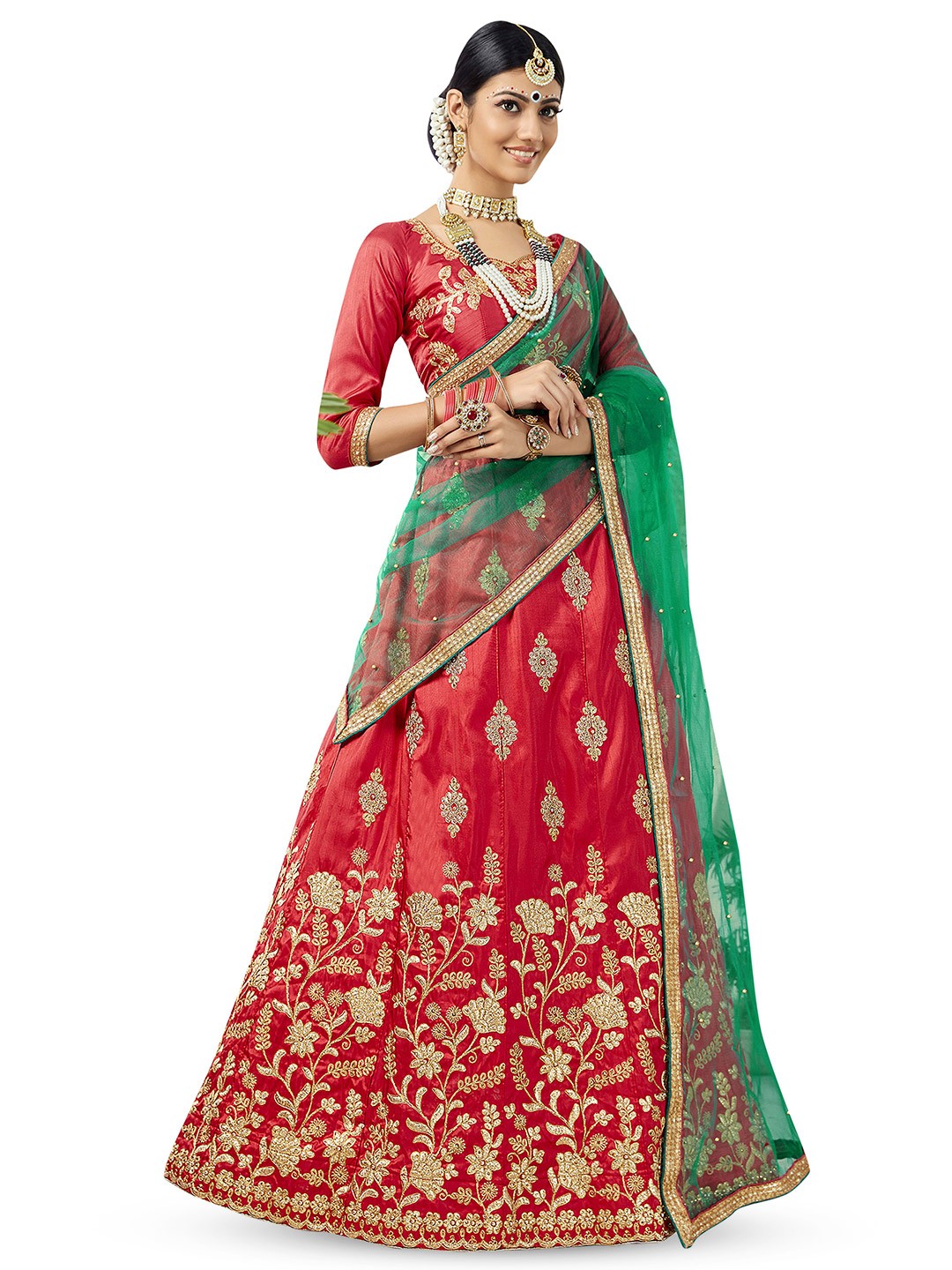 

Maroosh Women Embroidered Thread Work Unstitched Lehenga & Blouse With Dupatta, Red