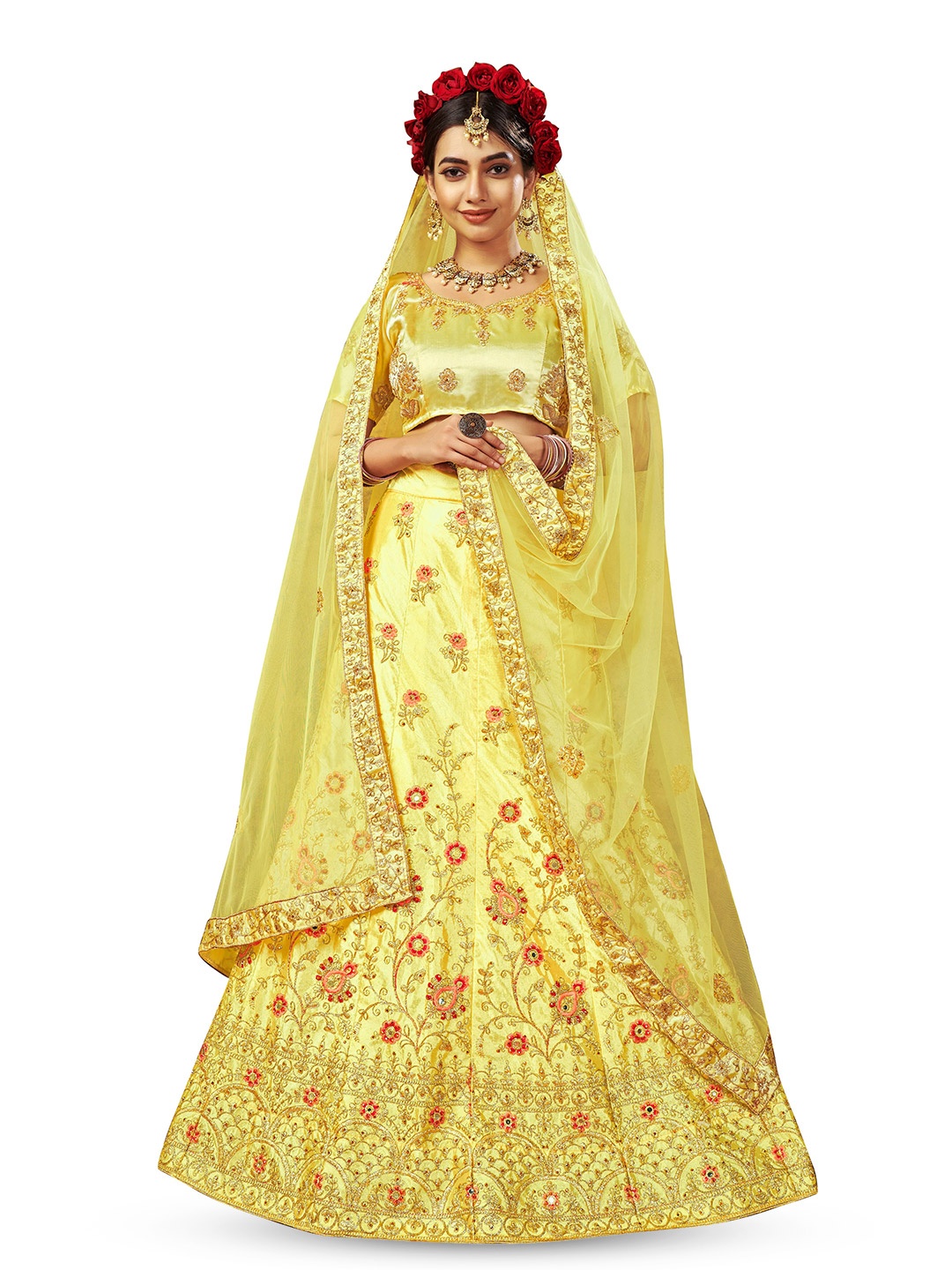 

Maroosh Embroidered Thread Work Unstitched Lehenga & Blouse With Dupatta, Yellow