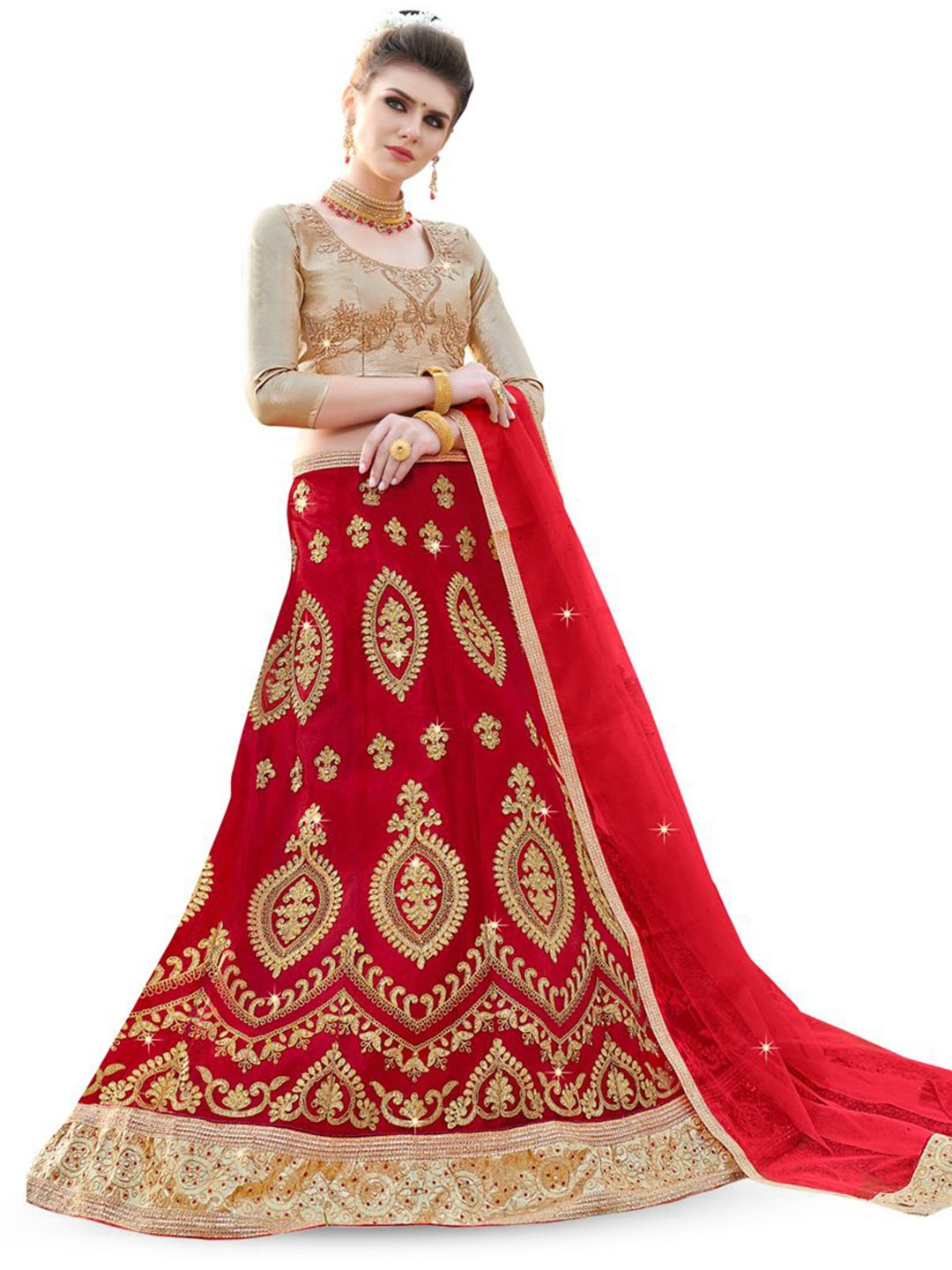 

Maroosh Women Embroidered Thread Work Unstitched Lehenga & Blouse With Dupatta, Red