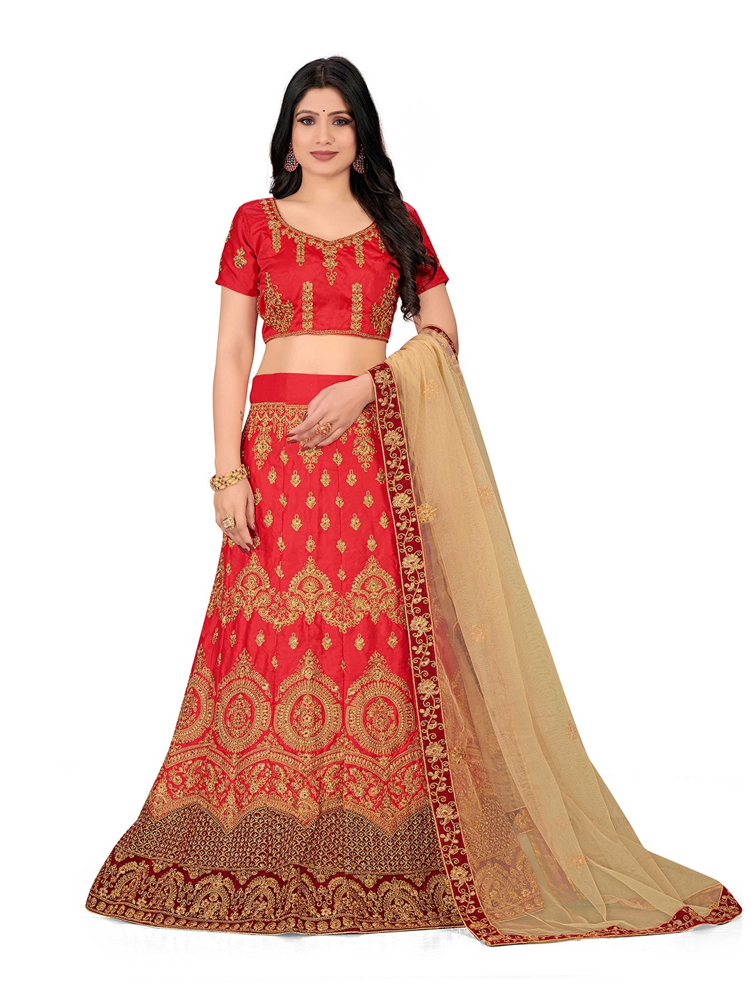 

Maroosh Embellished Thread Work Unstitched Lehenga & Blouse With Dupatta, Red