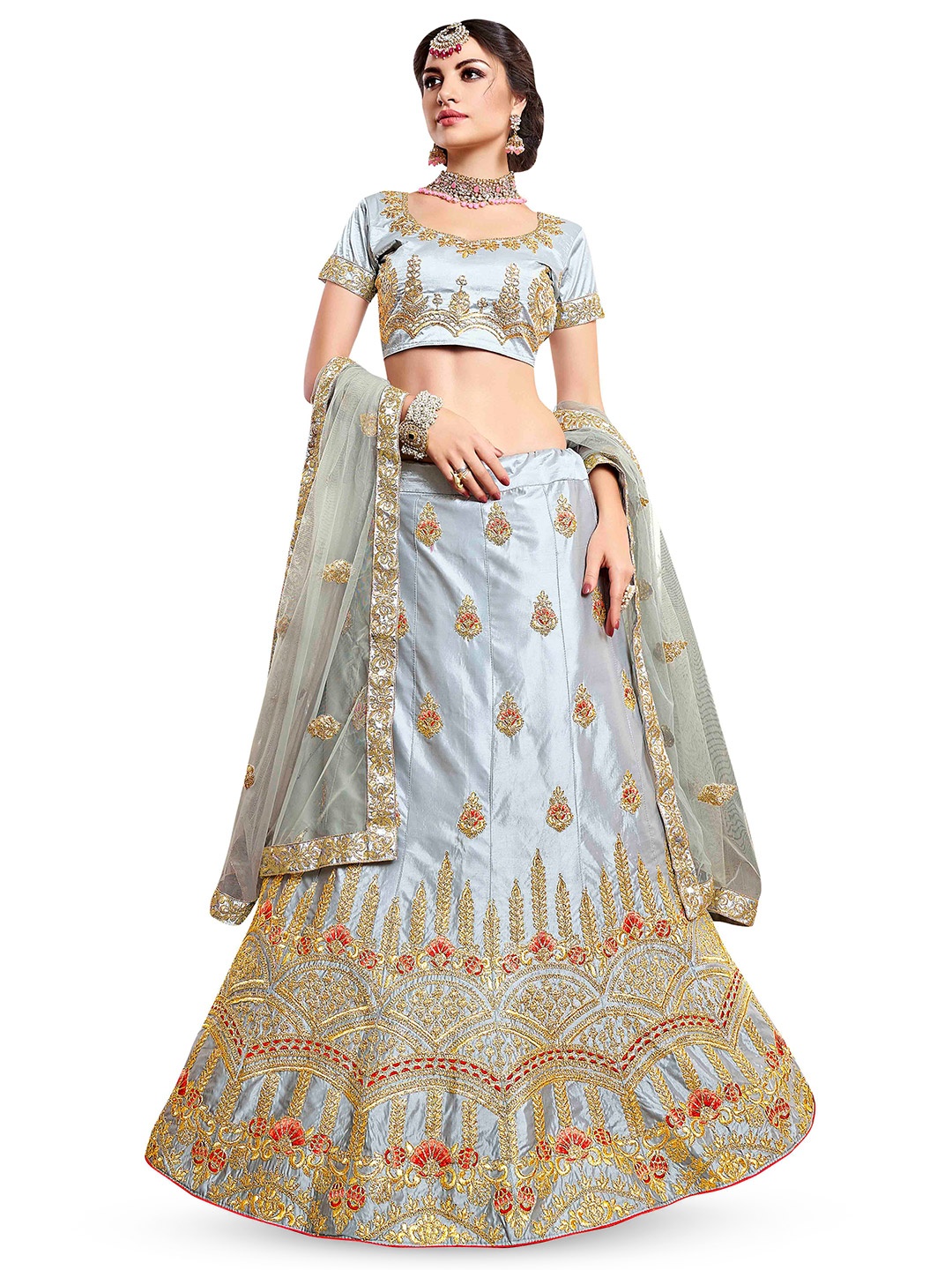 

Maroosh Embroidered Thread Work Unstitched Lehenga & Blouse With Dupatta, Grey