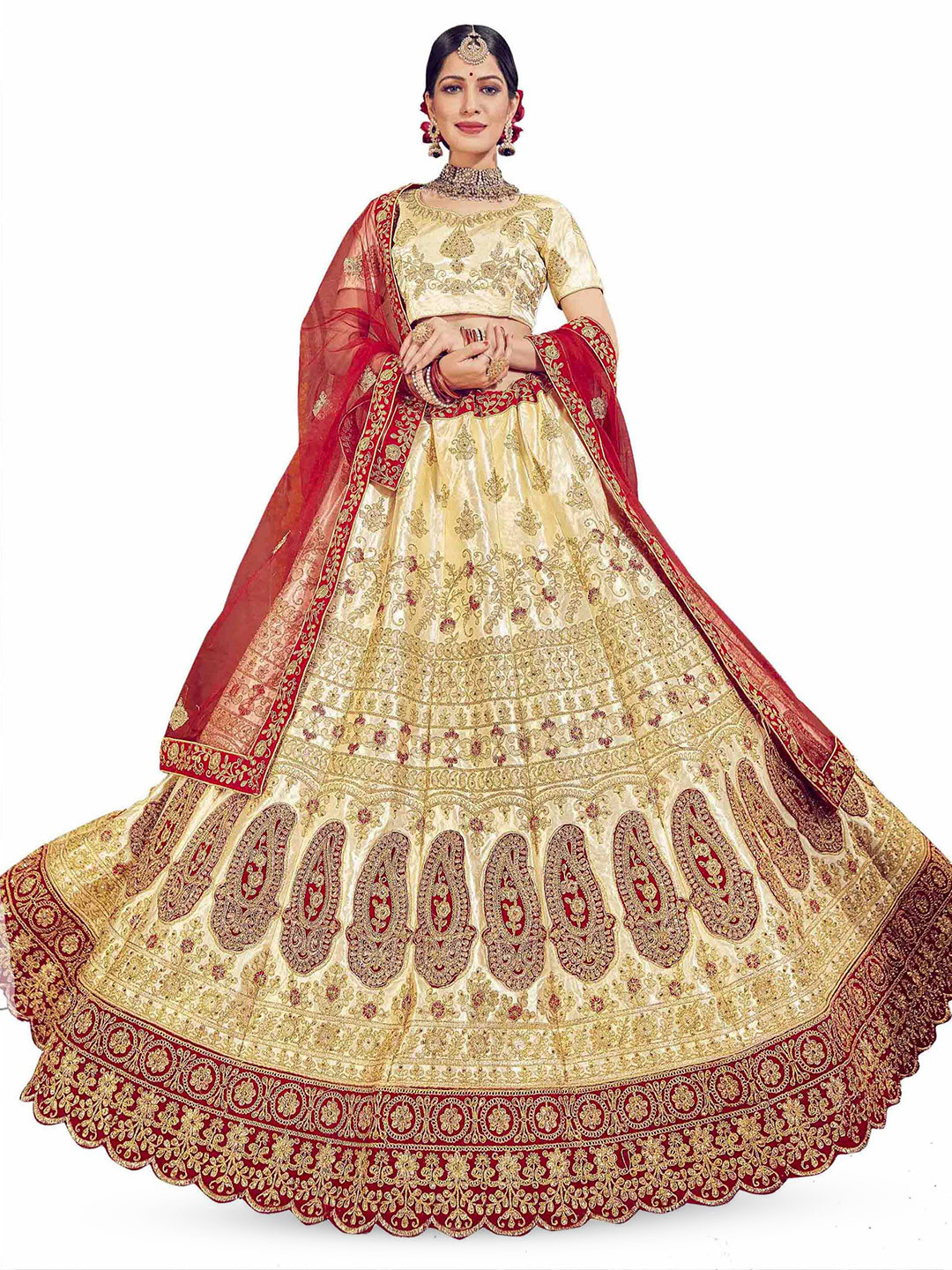 

Maroosh Embroidered Thread Work Unstitched Lehenga & Blouse With Dupatta, Beige
