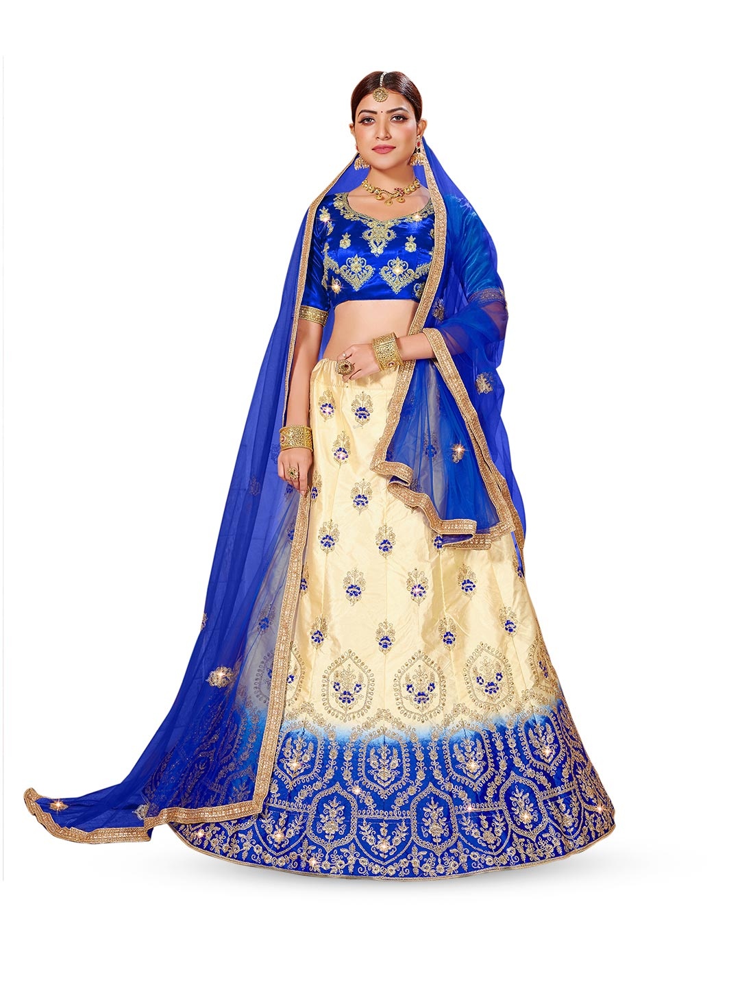 

Maroosh Embroidered Thread Work Unstitched Lehenga & Blouse With Dupatta, Beige