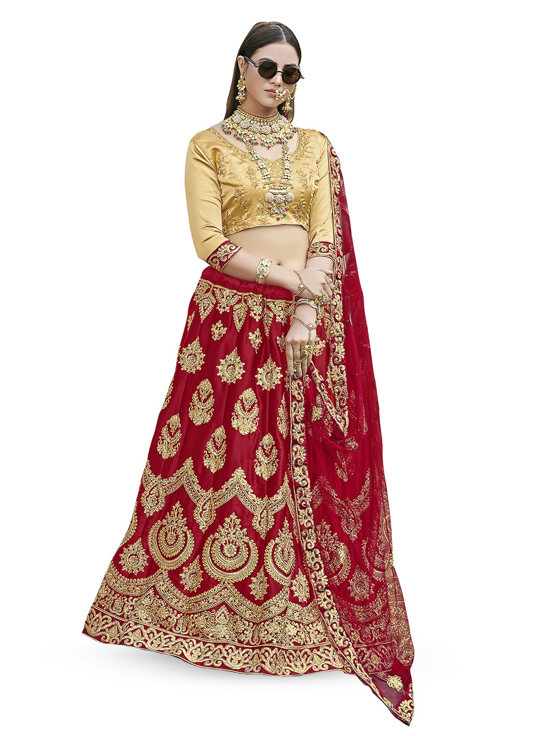 

Maroosh Embroidered Thread Work Unstitched Lehenga & Blouse With Dupatta, Maroon