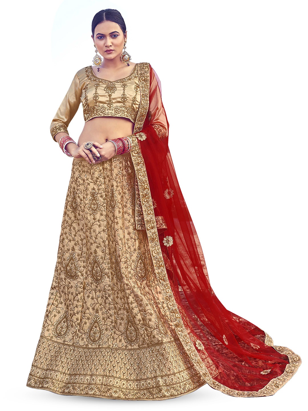 

Maroosh Embroidered Thread Work Unstitched Lehenga & Blouse With Dupatta, Beige