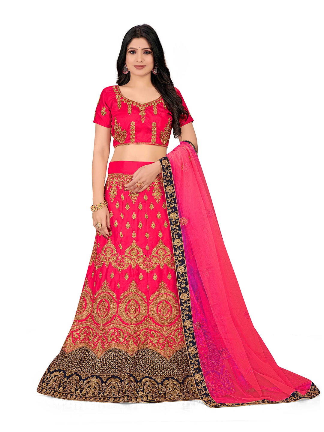 

Maroosh Women Embellished Thread Work Unstitched Lehenga & Blouse With Dupatta, Pink