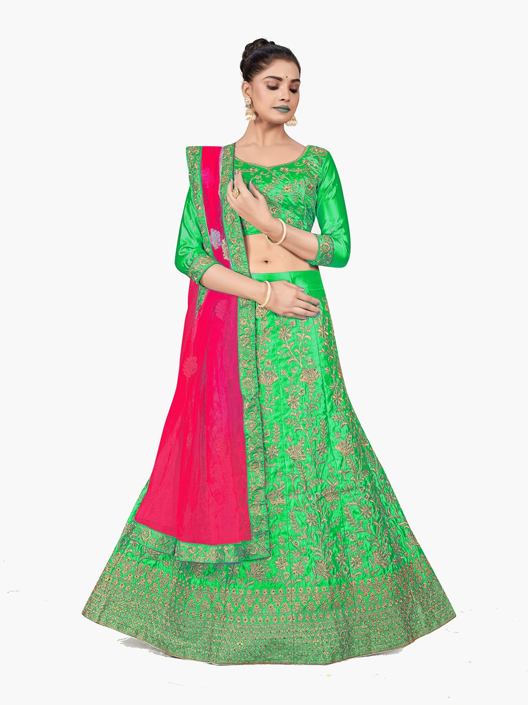 

Maroosh Embellished Thread Work Unstitched Lehenga & Blouse With Dupatta, Green