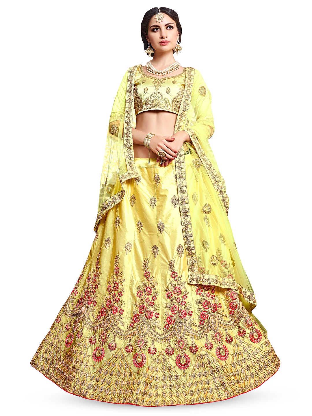 

Maroosh Embroidered Thread Work Unstitched Lehenga & Blouse With Dupatta, Yellow