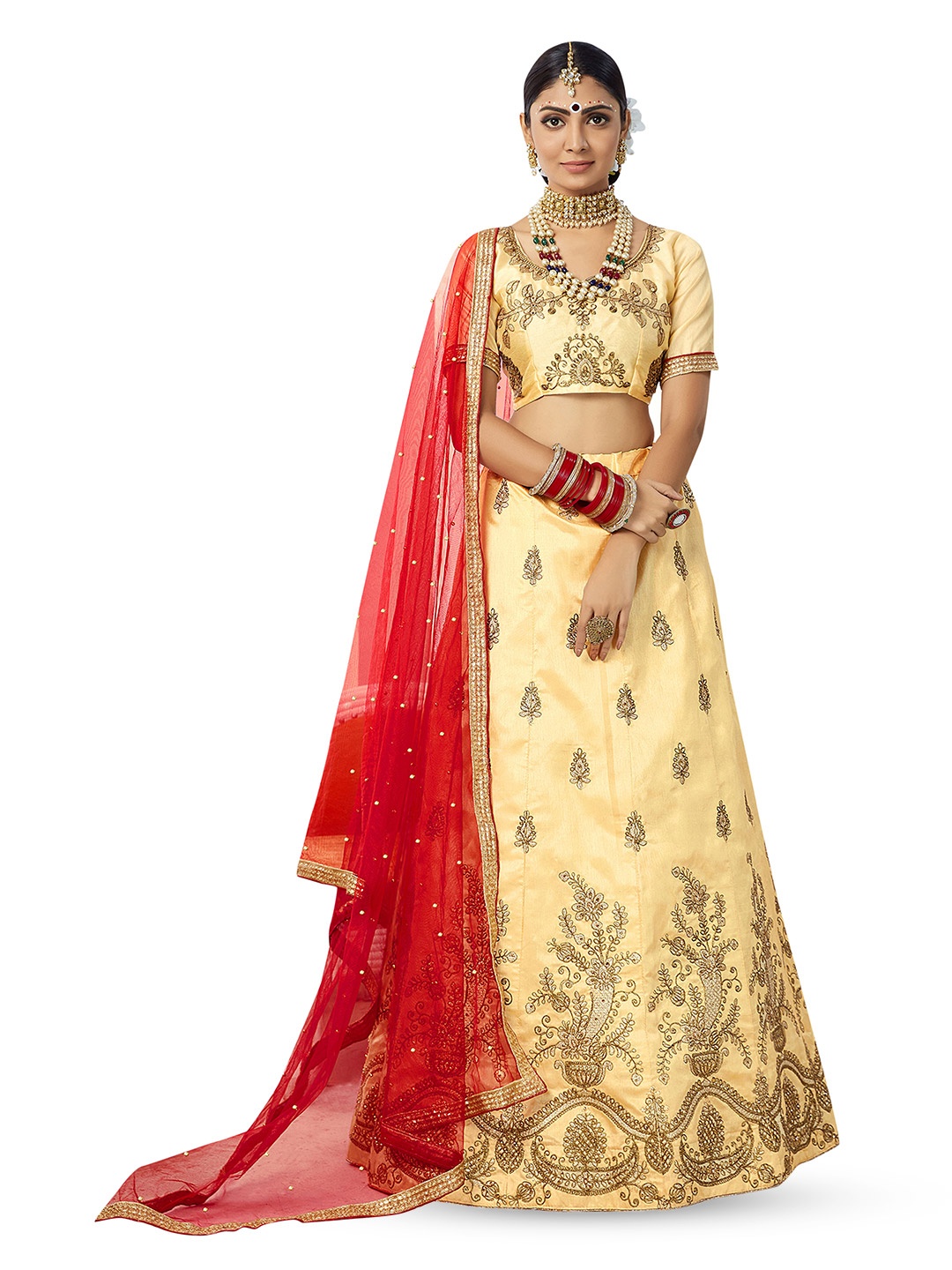 

Maroosh Embroidered Thread Work Unstitched Lehenga & Blouse With Dupatta, Beige