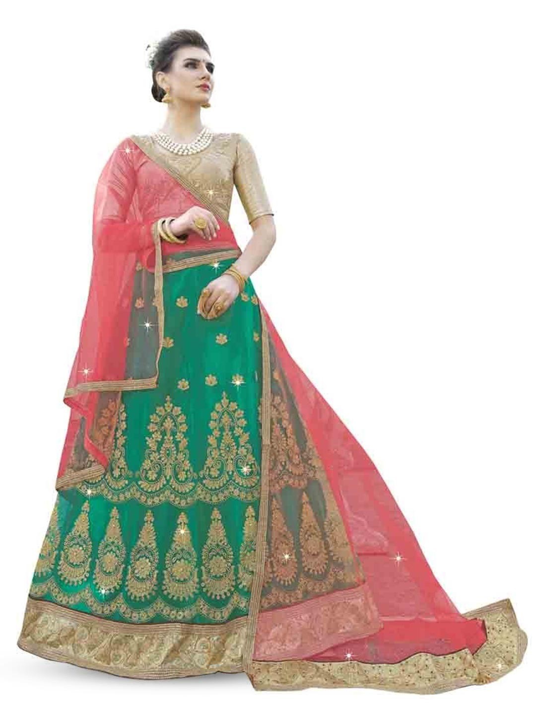 

Maroosh Embroidered Thread Work Unstitched Lehenga & Blouse With Dupatta, Green