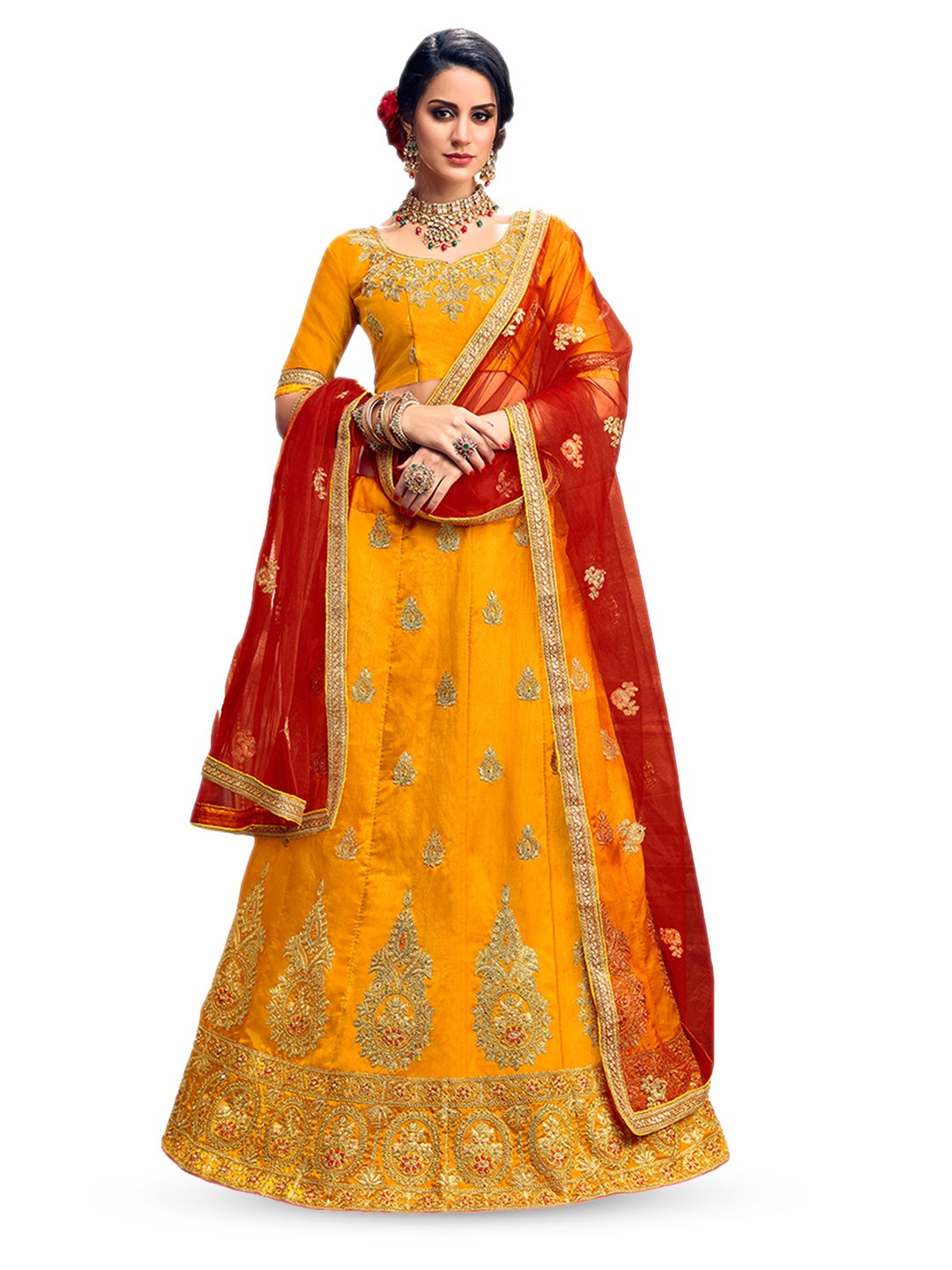 

Maroosh Embroidered Thread Work Unstitched Lehenga & Blouse With Dupatta, Yellow