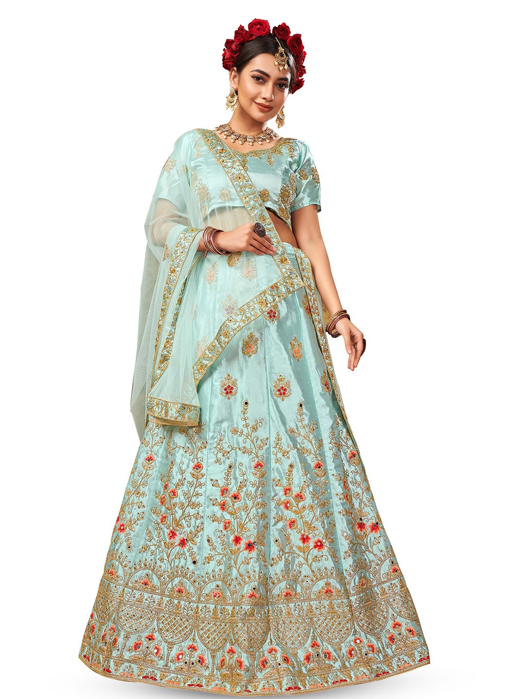 

Maroosh Embroidered Thread Work Unstitched Lehenga & Blouse With Dupatta, Sea green