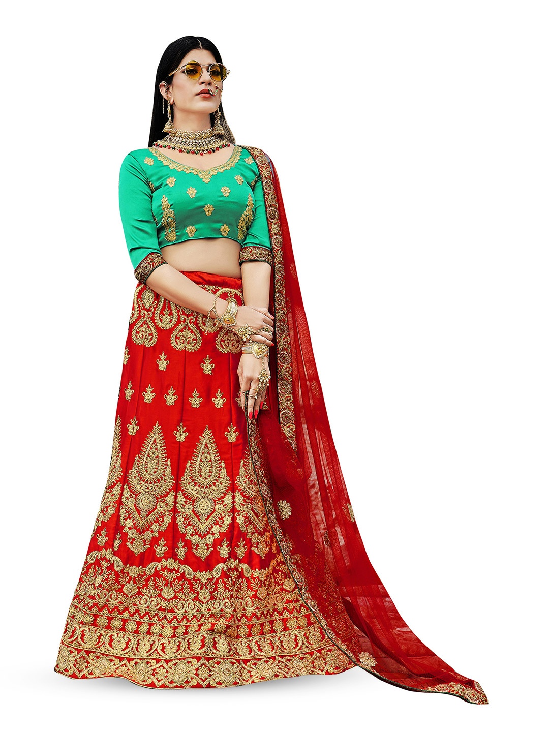 

Maroosh Embroidered Thread Work Unstitched Lehenga & Blouse With Dupatta, Red