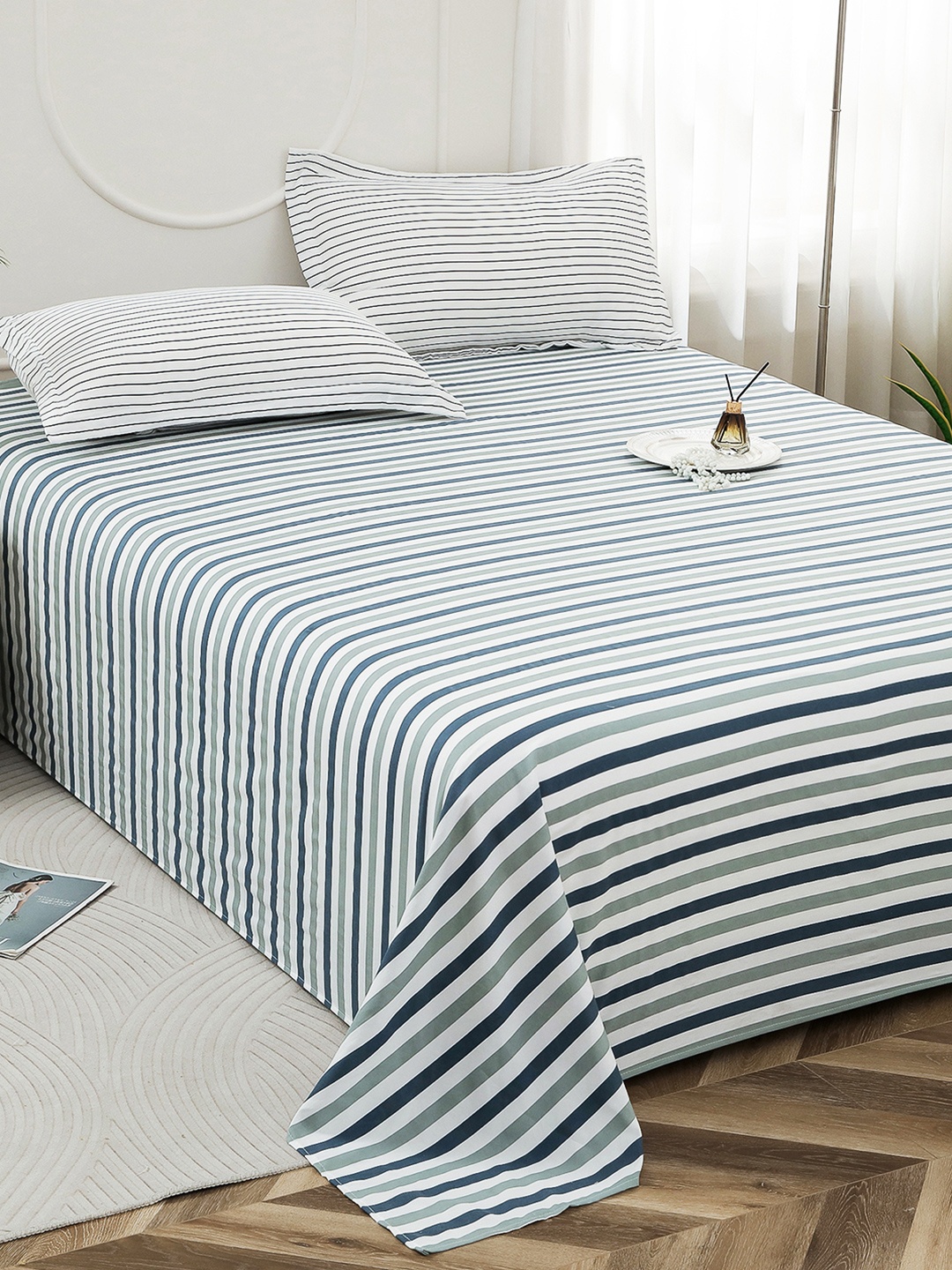 

Story@home Aviator Blue & Grey Striped 240 TC Cotton King Bedsheet with 2 Pillow Covers