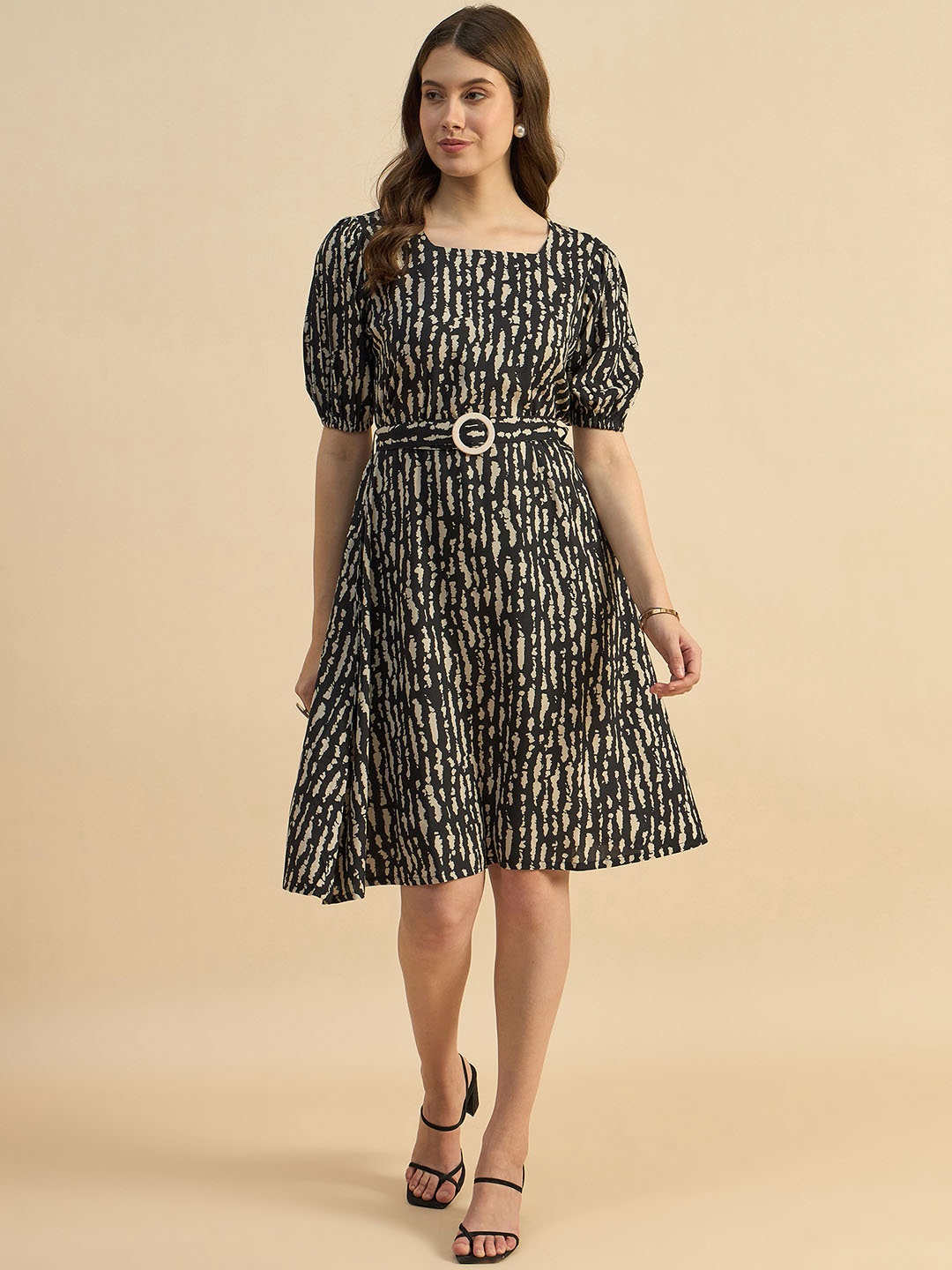 

Azira Abstract Printed Puff Sleeve A-Line Midi Dress Comes with a belt, Black