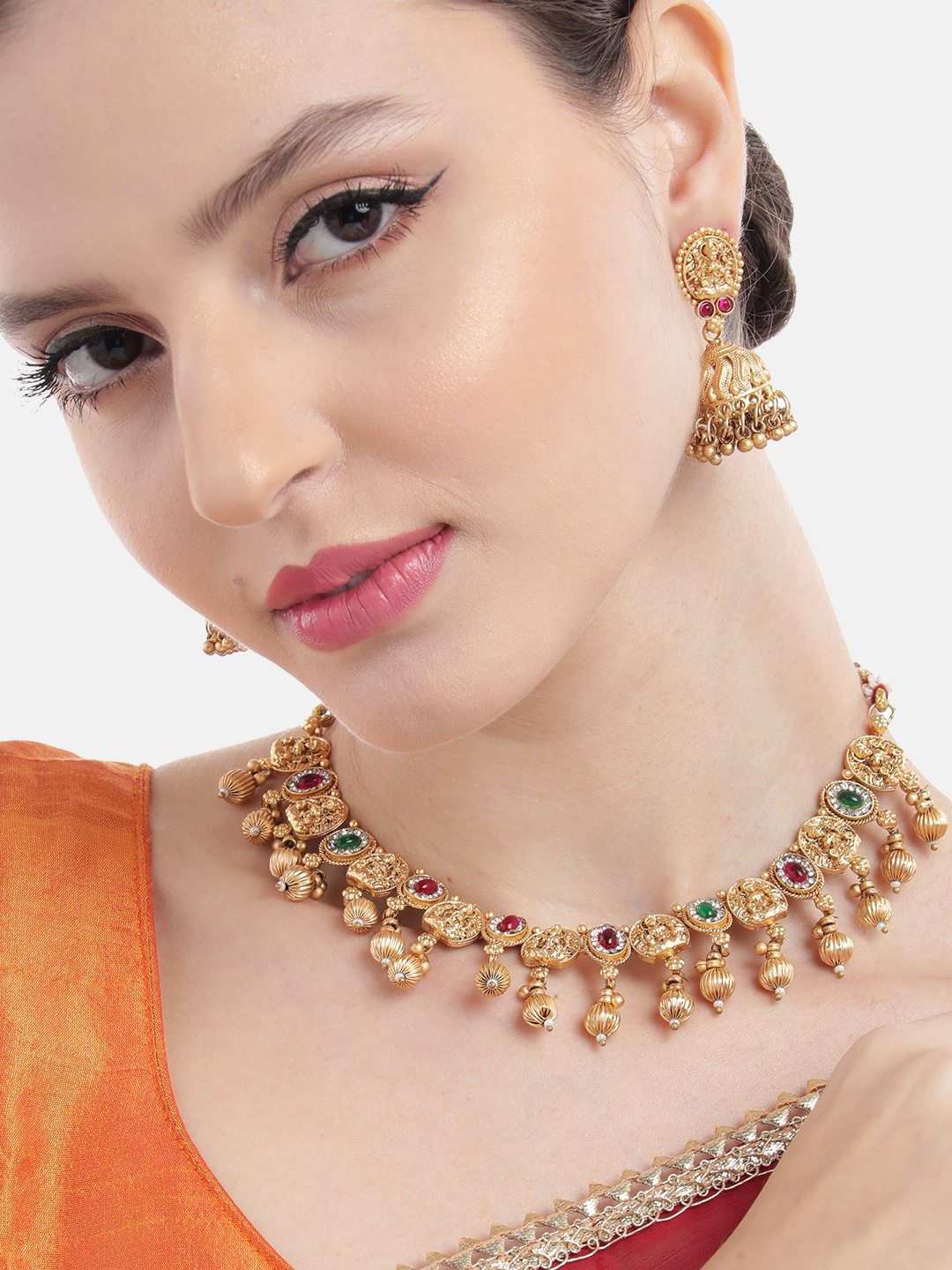 

MANSIYAORANGE Gold-Plated Temple Theme Choker With Earrings Set