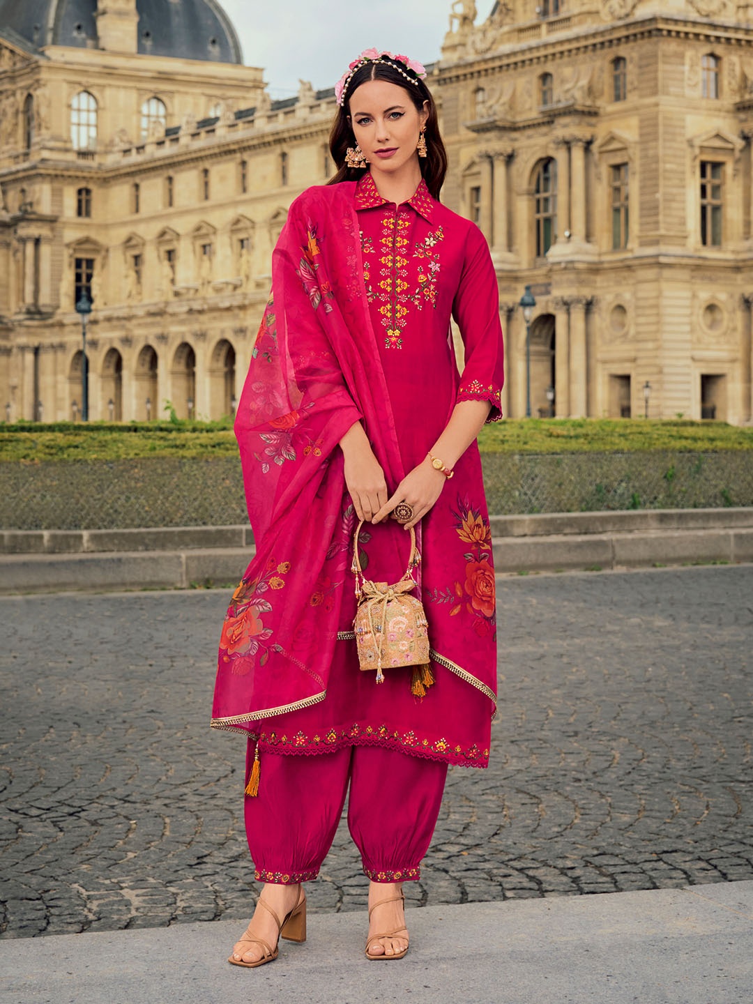 

MOJILAA Women Floral Embroidered Regular Beads and Stones Kurta with Salwar & With Dupatta, Fuchsia