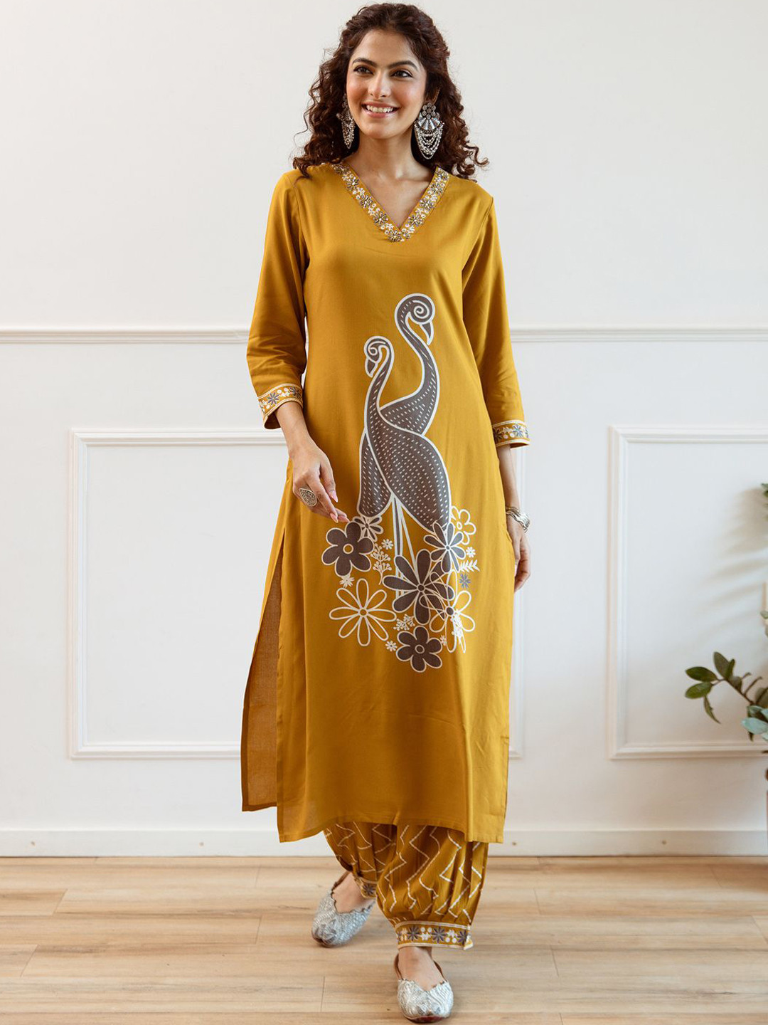 

Indo Era Women Embroidered Regular Beads and Stones Kurta with Trousers, Mustard