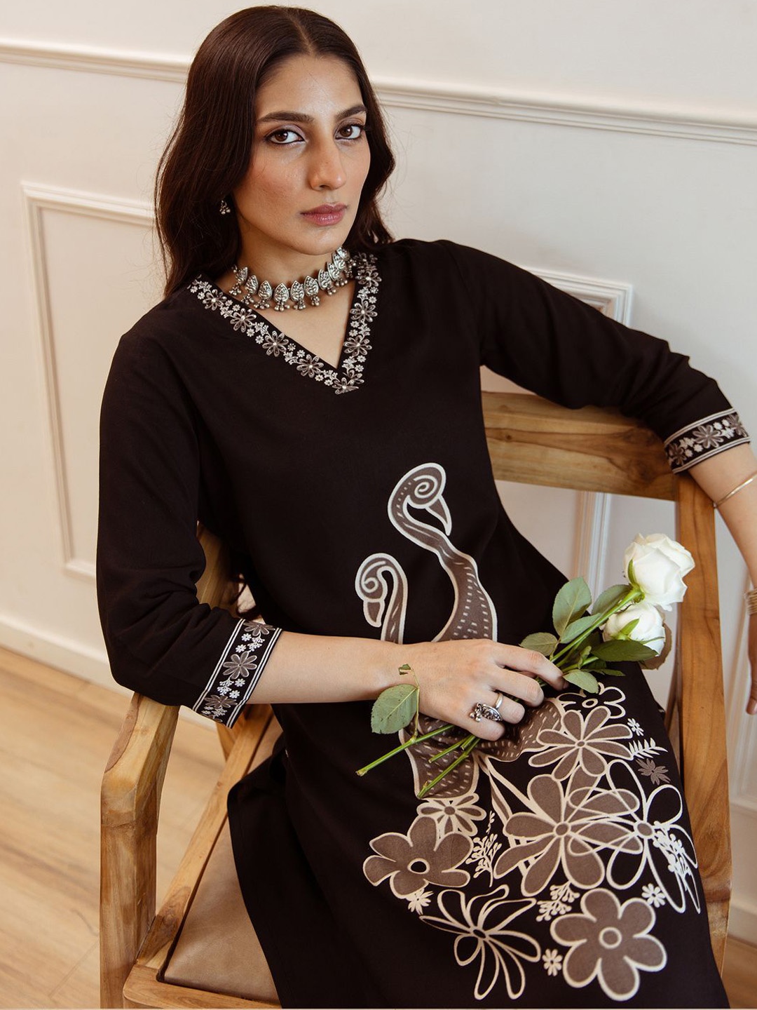 

Indo Era Women Embroidered Regular Beads and Stones Kurta with Trousers, Black