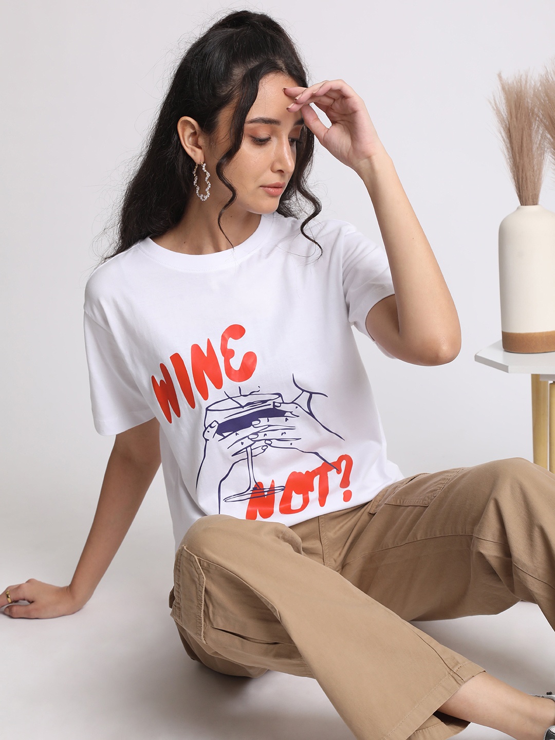 

IVOC Women Typography Printed Round Neck Cotton T-shirt, White